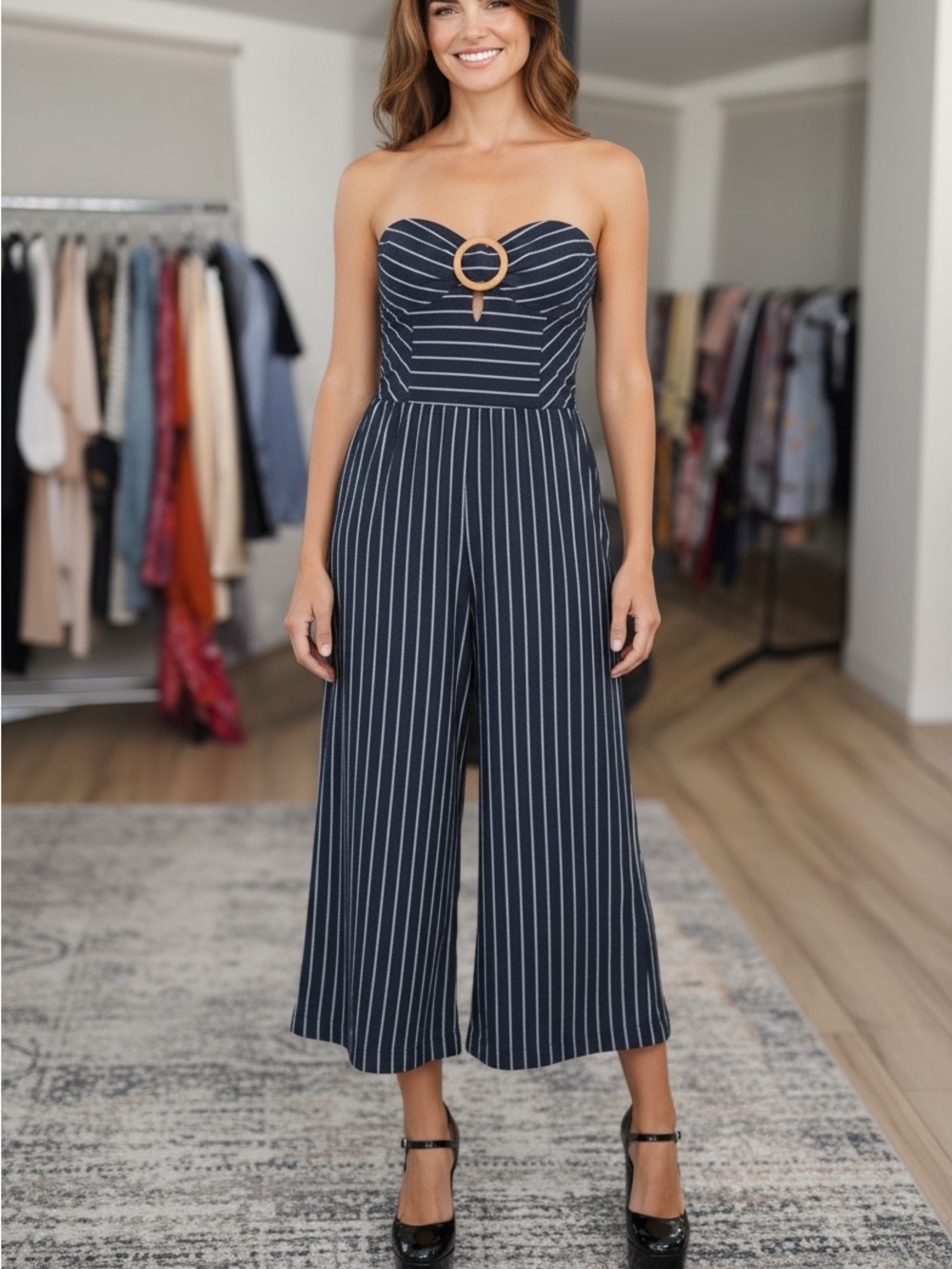 Altar’d State Women’s Chambray Stripe Strapless Jumpsuit w buckle Size M